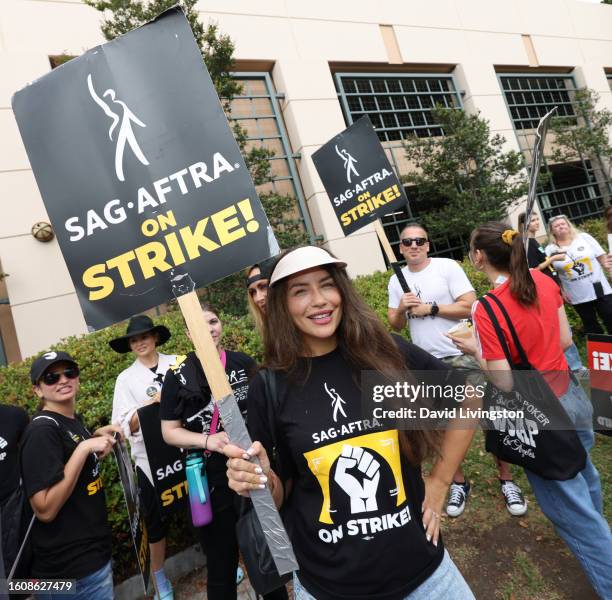 Juliana Harkavy attends the picket line at Warner Bros. Studios on August 11, 2023 in Burbank, California. Members of SAG-AFTRA and WGA have both...