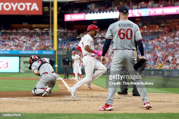 Edmundo Sosa of the Philadelphia Phillies scores a run during the second inning against the Minnesota Twins at Citizens Bank Park on August 11, 2023...