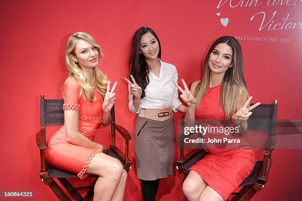 Candice Swanepoel,VS fan and Lily Aldridge attend Victoria's Secret Angels celebrate Valentine's Day with fans at Victoria's Secret, Herald Square on...