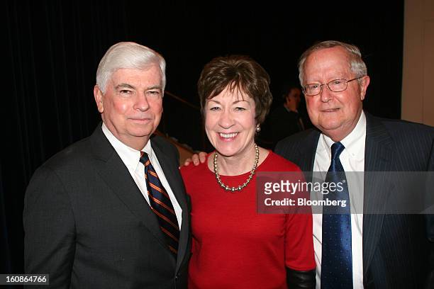 Chris Dodd, chairman and chief executive officer of the Motion Picture Association of America Inc., from left, Senator Susan Collins, a Republican...