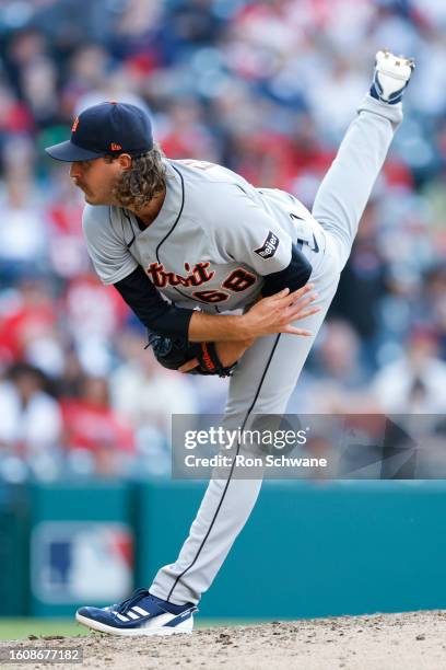 Jason Foley of the Detroit Tigers pitches against the Cleveland Guardians during the ninth inning of game one of a doubleheader at Progressive Field...