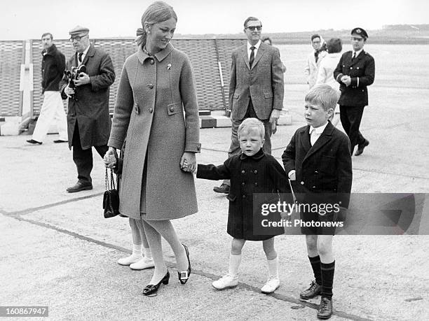 Princess Paola of Belgium, Prince Philippe and Prince Laurent say goodbye to Prince Albert, leaving on a mission to the Philipines circa 1960's in...