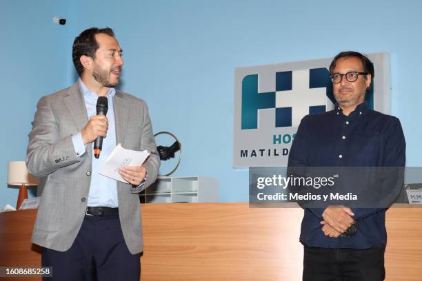 Adrián Ortega and Carlos Carrera speak during the presentation of the TV show "Doctora Lucía" at Azteca Estudios on August 11, 2023 in Mexico City,...