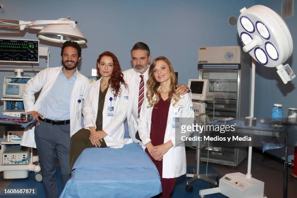 Kuno Becker, Marimar Vega, Mauricio Islas and Ana Layevska pose for photos during a presntation of the TV show "Doctora Lucía" at Azteca Estudios on...