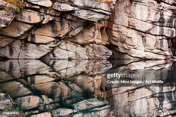 rocky cliffs reflected in the calm waters of horseshoe lake, jasper national park, alberta, canada. - lago horseshoe imagens e fotografias de stock