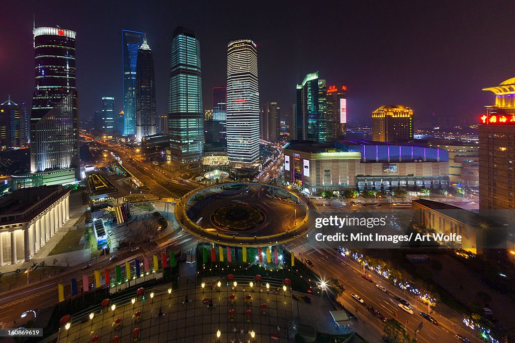 The Lujiazui Traffic Circle, night, Shanghai, China