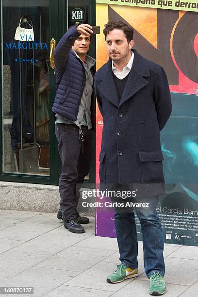 Actor Gael Garcia Bernal and director Pablo Larrain attend the "No" photocall at the Golem cinema on February 7, 2013 in Madrid, Spain.