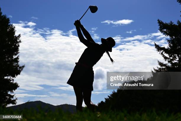 Erika Hara of Japan hits her tee shot on the 2nd hole during the second round of NEC Karuizawa72 Golf Tournament at Karuizawa 72 Golf North Course on...