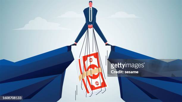 ilustrações de stock, clip art, desenhos animados e ícones de investment risks and rewards, recovering financial losses or financial investment losses, businessmen standing with two feet on the edge of a cliff trying to pull up a bundle of money - monetary policy