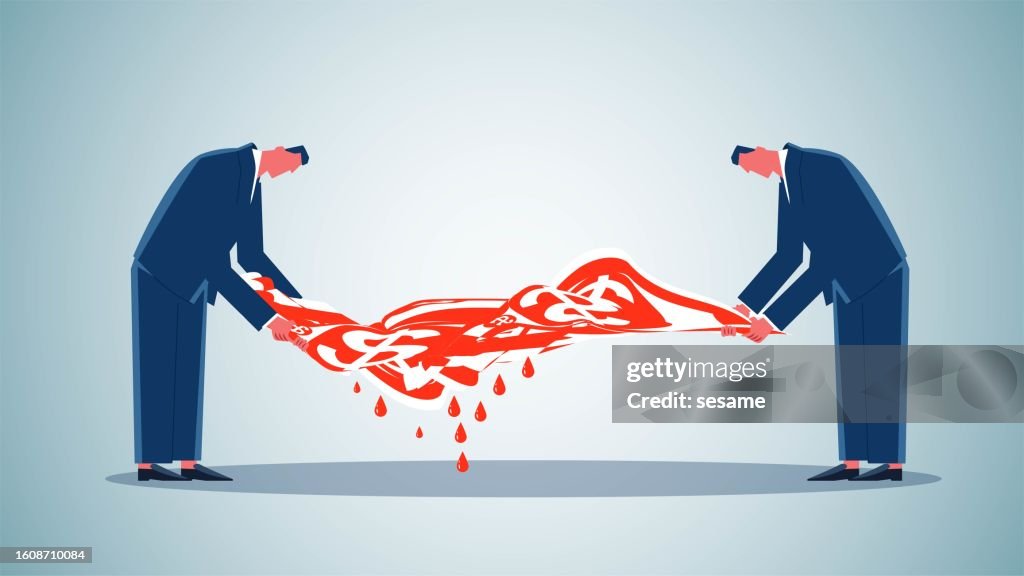 Reduced budgets or expenditures, strained family finances, reduced income or profits to save money, two businessmen twisting banknotes to squeeze out water droplets