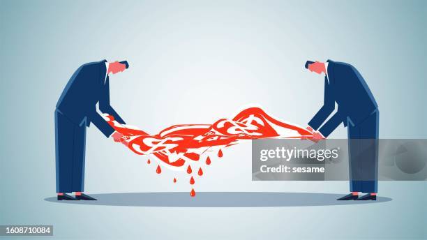 reduced budgets or expenditures, strained family finances, reduced income or profits to save money, two businessmen twisting banknotes to squeeze out water droplets - restraining stock illustrations