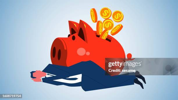 ilustraciones, imágenes clip art, dibujos animados e iconos de stock de el dinero mentiroso, los ingresos pasivos, la libertad financiera, los intereses sobre los ahorros, las ganancias de las inversiones, los empresarios que duermen junto a la alcancía obtienen un flujo constante de dinero. - libertad financiera