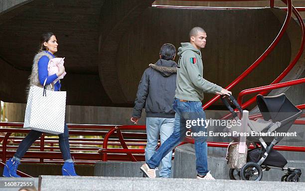 Real Football Player Pepe and Ana Sofia Henao with their newborn are seen on February 6, 2013 in Madrid, Spain.