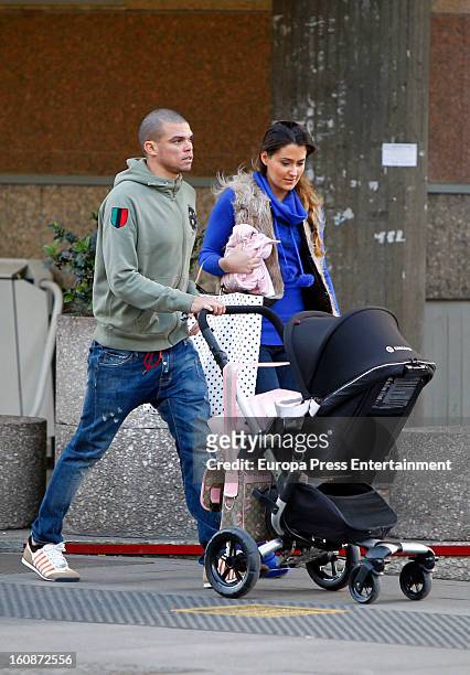 Real Football Player Pepe and Ana Sofia Henao with their newborn are seen on February 6, 2013 in Madrid, Spain.