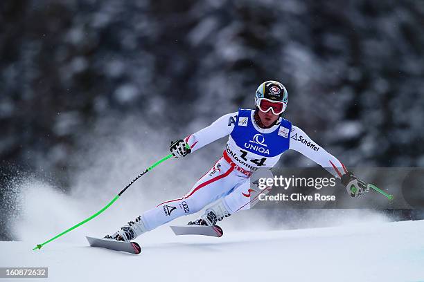 Hannes Reichelt of Austria skis in the Men's Downhill Training during the Alpine FIS Ski World Championships on February 7, 2013 in Schladming,...