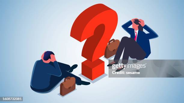 confused by problems, troubles or emotions, misunderstandings or uncertainties, asking questions or solving problems, the businessman and businesswoman sit dejectedly by the question mark - exhausted stock illustrations