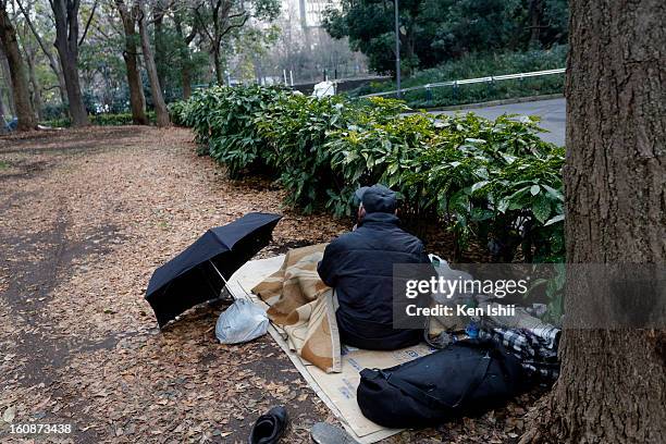 Homeless, staying at Shunjuku Central Park on February 7, 2013 in Tokyo, Japan. A recent servey shows Tokyo as the most expensive city in the world...