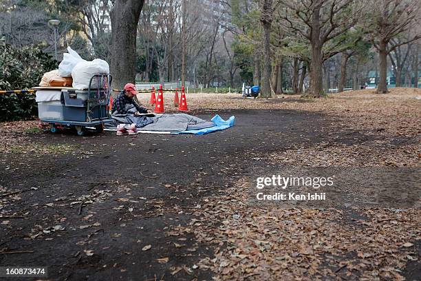 Homeless people set their own shelters at Shunjuku Central Park on February 7, 2013 in Tokyo, Japan. A recent servey shows Tokyo as the most...