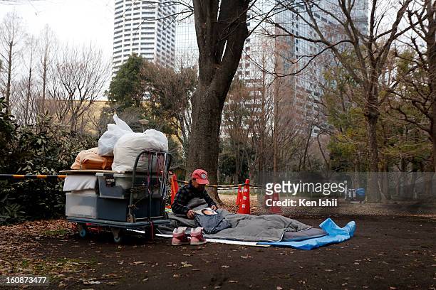 Homeless people set their own shelters at Shunjuku Central Park on February 7, 2013 in Tokyo, Japan. A recent servey shows Tokyo as the most...
