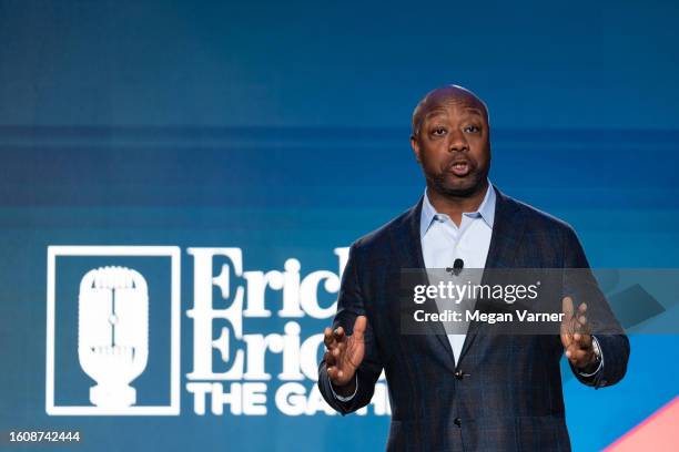 Republican presidential candidate U.S. Sen. Tim Scott speaks at an event hosted by Conservative radio host Erick Erickson on August 18, 2023 in...