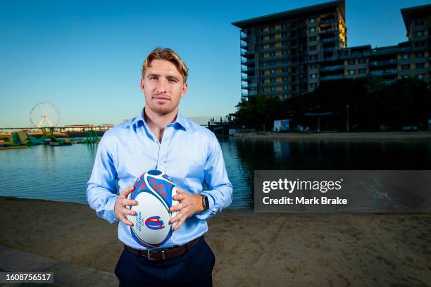 Tate McDermott of the Wallabies poses for a photo during the Australia Wallabies Rugby World Cup Squad Announcement at Darwin Waterfront on August...