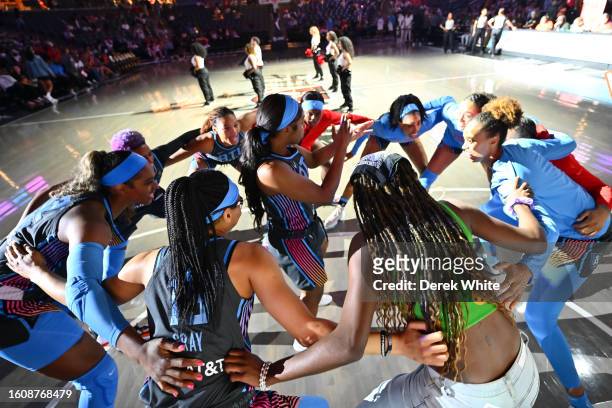 The Atlanta Dream huddle up before the game against the Chicago Sky on August 18, 2023 at Gateway Center Arena at College Park in Atlanta, Georgia....