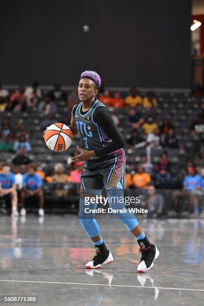 Danielle Robinson of the Atlanta Dream dribbles the ball during the game against the Chicago Sky on August 18, 2023 at Gateway Center Arena at...