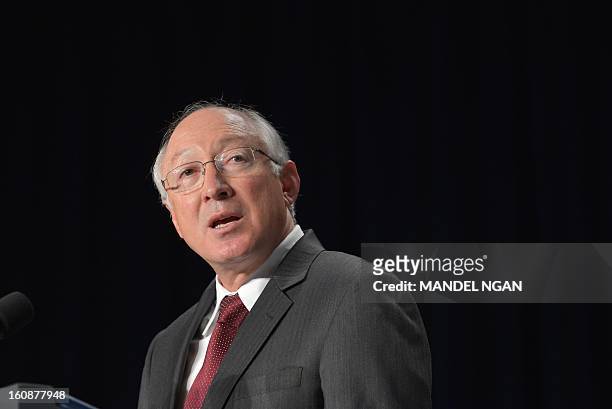 Outgoing Interior Secretary Ken Salazar speaks during the National Prayer Breakfast on February 7, 2013 at a hotel in Washington, DC. AFP...