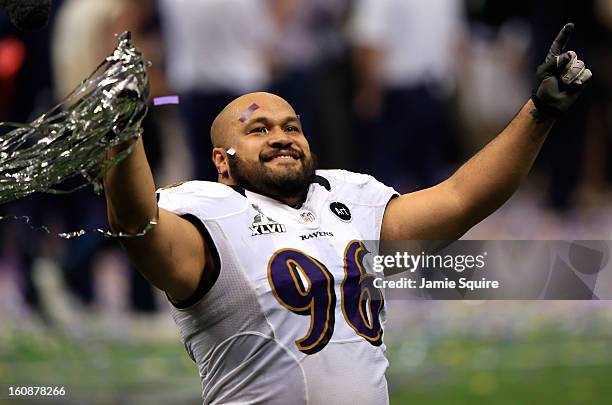 Ma'ake Kemoeatu of the Baltimore Ravens reacts after the Ravens won 34-31 against the San Francisco 49ers during Super Bowl XLVII at the...