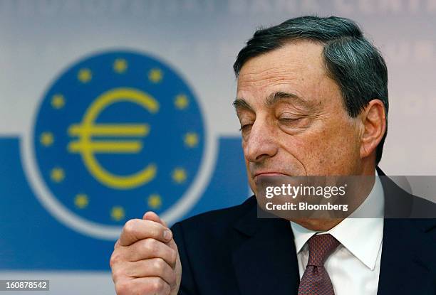 Mario Draghi, president of the European Central Bank , gestures during a news conference at the bank's headquarters in Frankfurt, Germany, on...