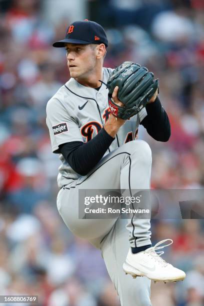 Joey Wentz of the Detroit Tigers pitches against the Cleveland Guardians during the second inning of game two of a doubleheader at Progressive Field...