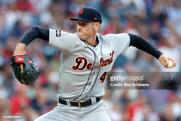 Joey Wentz of the Detroit Tigers pitches against the Cleveland Guardians during the second inning of game two of a doubleheader at Progressive Field...