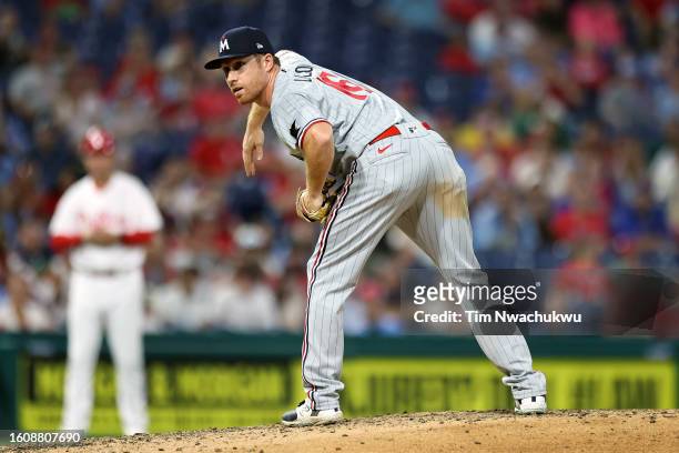 Jordan Luplow of the Minnesota Twins pitches during the eighth inning against the Philadelphia Phillies at Citizens Bank Park on August 11, 2023 in...
