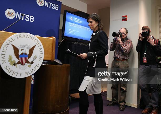 Deborah Hersman, Chairman of the National Transportation Safty Board , arrives to speak during a news conference at NTSB Headquarters, on February 7,...