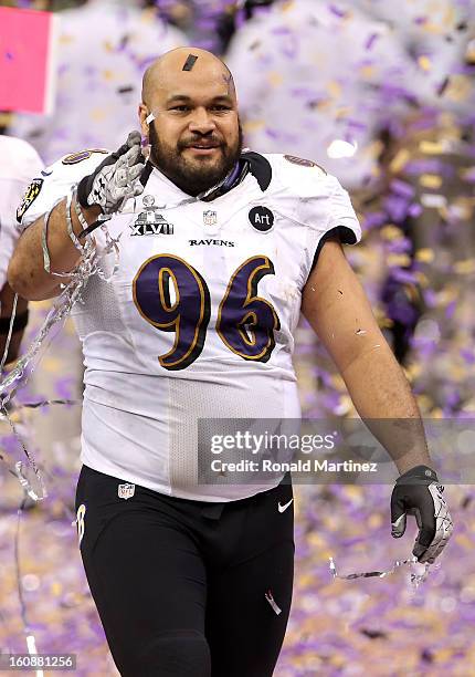 Ma'ake Kemoeatu of the Baltimore Ravens celebrates after the Ravens won 34-31 against the San Francisco 49ers during Super Bowl XLVII at the...