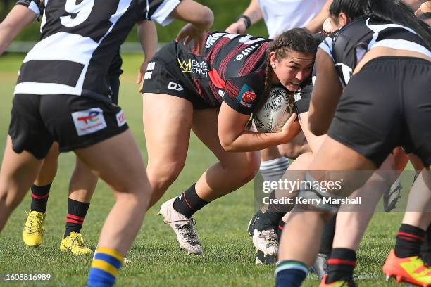 Lucy Jenkins of Canterbury in action during the round 5 Farah Palmer Cup match between the Hawke's Bay Tui and Canterbury at Hawke's Bay Regional...