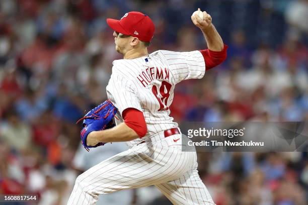 Jeff Hoffman of the Philadelphia Phillies pitches during the seventh inning against the Minnesota Twins at Citizens Bank Park on August 11, 2023 in...