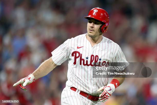 Realmuto of the Philadelphia Phillies reacts after hitting a solo home run during the sixth inning against the Minnesota Twins at Citizens Bank Park...
