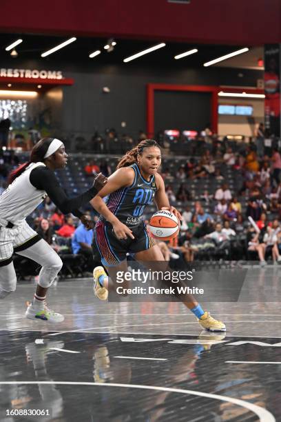 Naz Hillmon of the Atlanta Dream dribbles the ball during the game against the Chicago Sky on August 18, 2023 at Gateway Center Arena at College Park...