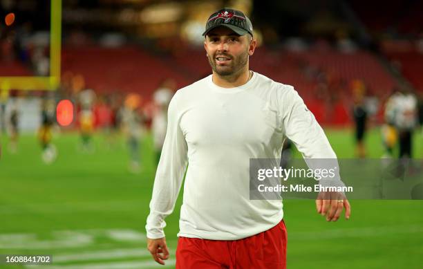 Baker Mayfield of the Tampa Bay Buccaneers walks off the field after a preseason game against the Pittsburgh Steelers at Raymond James Stadium on...