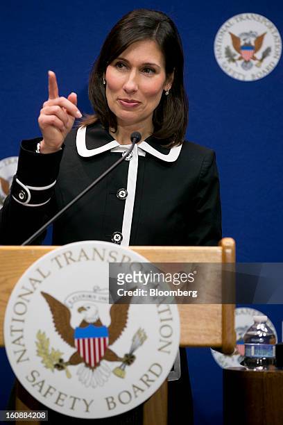Deborah Hersman, chairman of the National Transportation Safety Board , takes a question during a news conference in Washington, D.C., U.S., on...