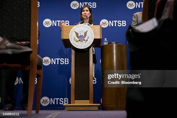 Deborah Hersman, chairman of the National Transportation Safety Board , speaks during a news conference in Washington, D.C., U.S., on Thursday, Feb....