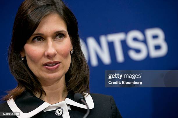 Deborah Hersman, chairman of the National Transportation Safety Board , speaks during a news conference in Washington, D.C., U.S., on Thursday, Feb....