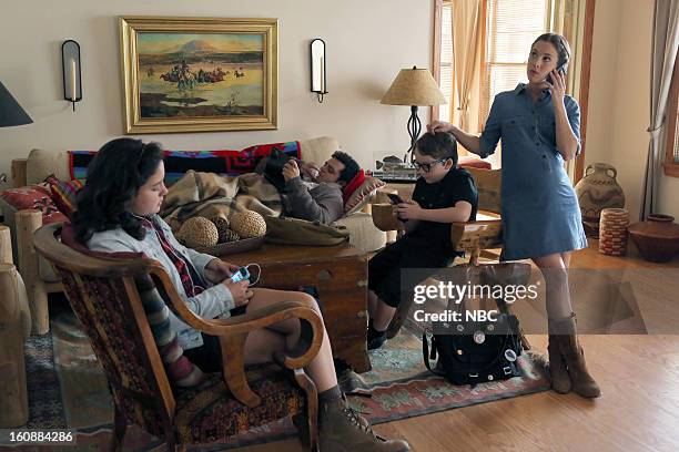 To The Ranch" Episode 106 -- Pictured: Amara Miller as Marigold Gilchrist, Josh Gad as Skip Gilchrist, Benjamin Stockham as Xander Gilchrist, Martha...