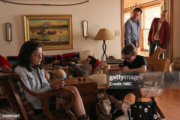 To The Ranch" Episode 106 -- Pictured: Amara Miller as Marigold Gilchrist, Josh Gad as Skip Gilchrist, Benjamin Stockham as Xander Gilchrist, Bill...