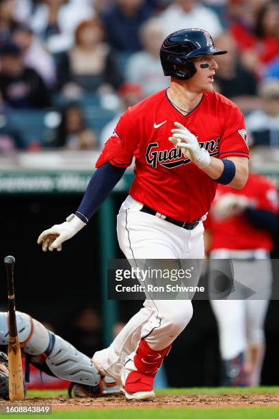 Zack Collins of the Cleveland Guardians hits a single off Joey Wentz of the Detroit Tigers during the third inning of game two of a doubleheader at...