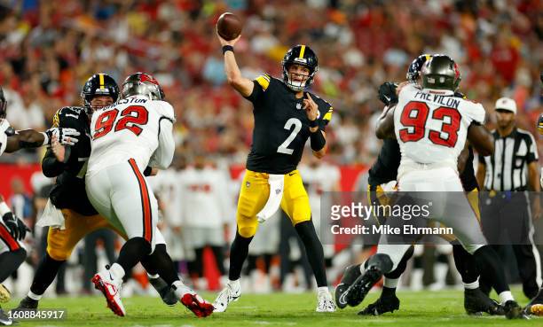 Mason Rudolph of the Pittsburgh Steelers passes during a preseason game against the Tampa Bay Buccaneers at Raymond James Stadium on August 11, 2023...