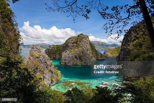 blue lagoon lake, im kayangan coron island, philippinen - palawan island stock-fotos und bilder