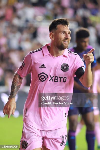 Lionel Messi of Inter Miami CF celebrates after scoring a goal in the second half during the Leagues Cup 2023 quarterfinals match between Charlotte...