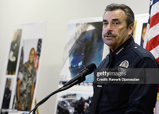 Los Angeles police Chief Charlie Beck gives a briefing on the case of Christopher Dorner, a fired LAPD officer wanted for three killings on February...